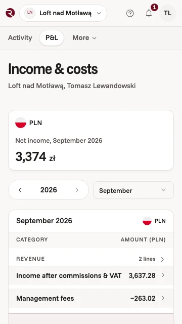 The owner app's income and costs for your Gdańsk flat in September: booking income, our fee and the net