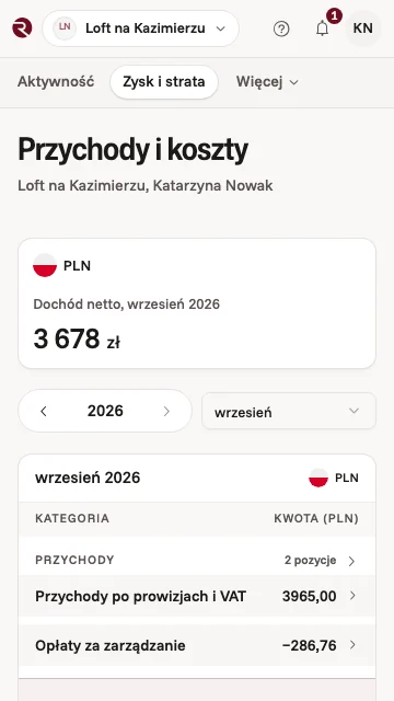 Przychody i koszty mieszkania w aplikacji właściciela za jeden miesiąc: dochód netto, przychód po prowizjach i VAT oraz opłata za zarządzanie