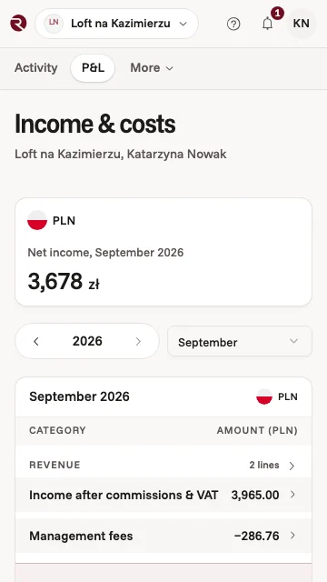 The owner app's income and costs for your Kraków flat in September: income after platform fees and VAT, management fees and net income