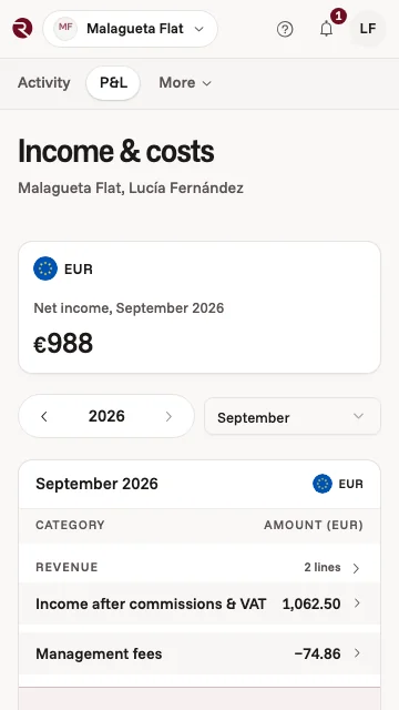The owner app's income and costs for a Málaga flat in September: bookings, management fees and the net
