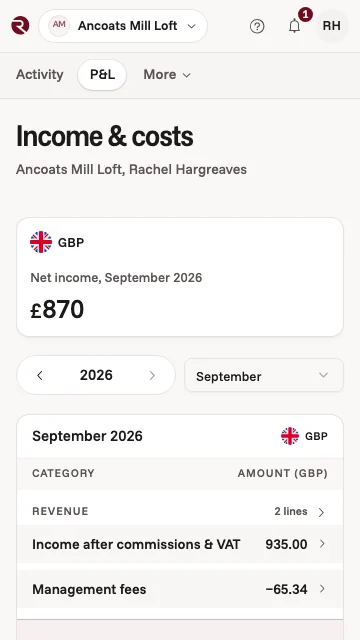 The owner app's income and costs for a Manchester flat in September: income from bookings, management fees and the net
