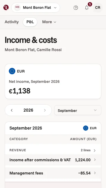 The owner app's income and costs for a flat in Nice in September