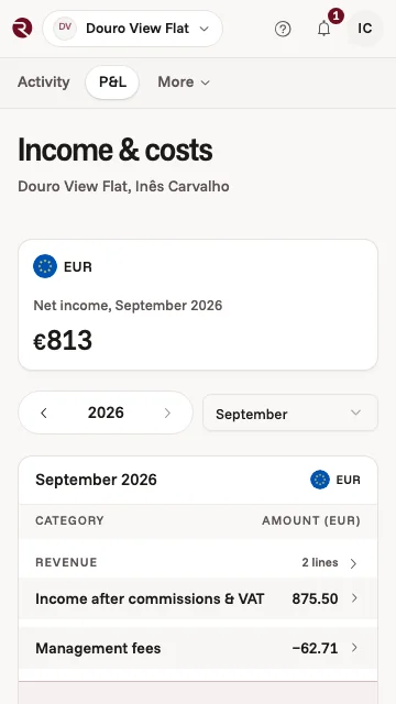 The owner app's income and costs for a Porto flat in September: what came in from bookings, the fees and the net, in euros