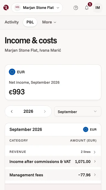 The owner app's income and costs for a Split apartment, in euros