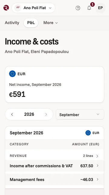 The owner app's income and costs for your Thessaloniki flat this month, in euros