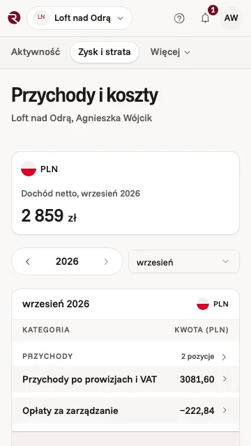Przychody i koszty mieszkania w aplikacji właściciela za jeden miesiąc: dochód netto, przychód po prowizjach i VAT oraz opłata za zarządzanie
