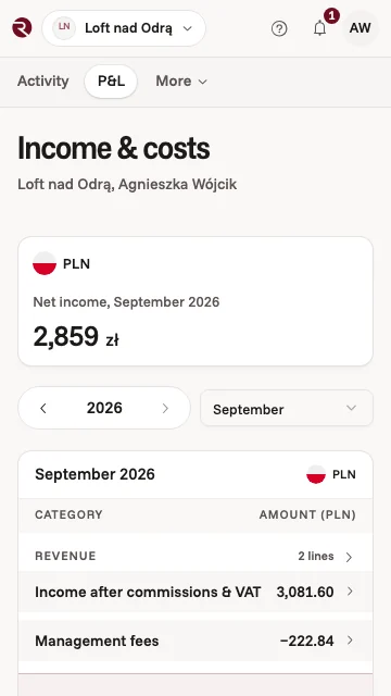 The owner app's income and costs for your Wrocław flat in September: booking income, management fees and net income in złoty
