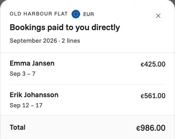 One month's bookings in the owner app, paid to you directly