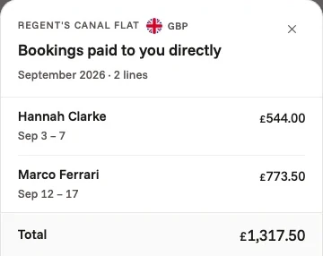 Bookings paid to the owner directly in September: two stays, £1,317.50 in all