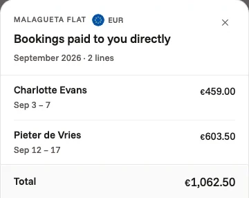 Bookings paid to the owner of a Málaga flat directly in September: two stays, each with the guest's name and dates, and the total