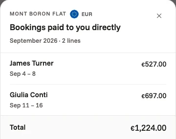 Bookings paid to the owner directly in September for a flat in Nice: two stays, in euros