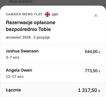 Rezerwacje opłacone bezpośrednio właścicielowi we wrześniu: dwa pobyty, łącznie 1317,50 £