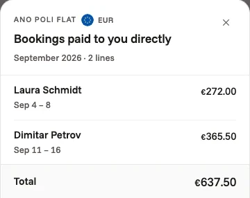 Bookings paid to you directly: each stay and its amount, in euros