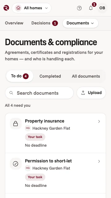 Los documentos pendientes de un piso en Londres en la app para propietarios: seguro de la vivienda, permiso para alquilar por días, certificado de seguridad del gas y evaluación del riesgo de incendio