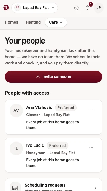 The owner app's Your people screen: a cleaner and a handyman with access to a Dubrovnik apartment, each offered every job there first