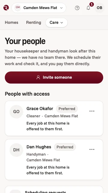 The owner app's Your people screen: a cleaner and a handyman with access to a London flat, each offered every job there first