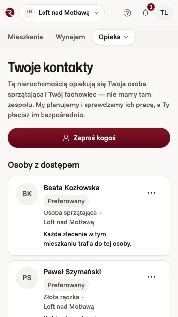 Ekran „Twoi ludzie” w aplikacji właściciela: własna osoba sprzątająca i złota rączka właściciela, do których trafia każde zlecenie w mieszkaniu