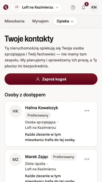 Ekran „Twoi ludzie” w aplikacji właściciela: własna osoba sprzątająca i złota rączka właściciela, do których trafia każde zlecenie w mieszkaniu