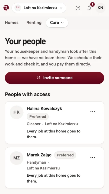 The owner app's Your people screen: a cleaner and a handyman with access to your Kraków flat, each getting every job at the flat first