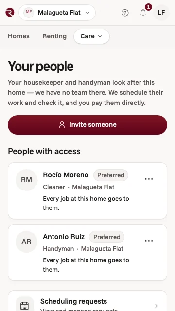 The owner app's Your people screen: a cleaner and a handyman with access to a Málaga flat, each offered every job there first