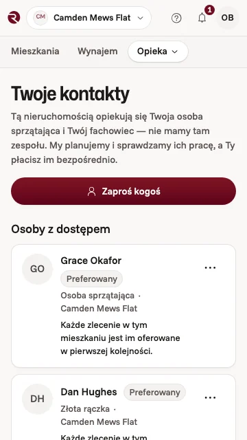 Ekran Twoje kontakty w aplikacji właściciela: osoba sprzątająca i fachowiec z dostępem do mieszkania w Londynie, każde zlecenie trafia najpierw do nich
