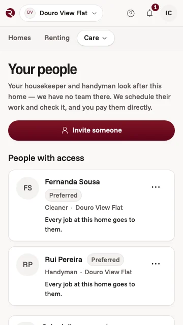 The owner app's Your people screen: a cleaner and a handyman with access to a Porto flat, each offered every job there first