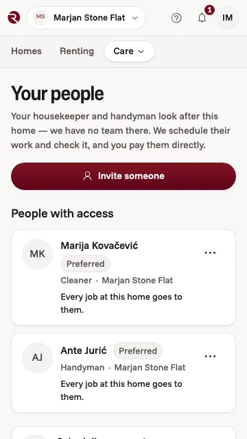 The owner app's Your people screen: a cleaner and a handyman with access to a Split apartment, each offered every job there first