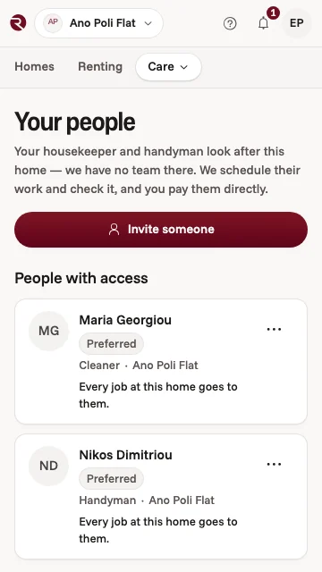 The owner app's Your people screen: your cleaner and handyman, with access to the flat, each offered every job there first