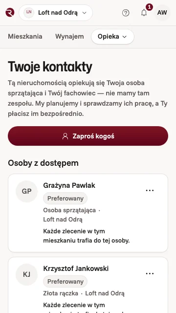 Ekran „Twoi ludzie” w aplikacji właściciela: własna osoba sprzątająca i złota rączka właściciela, do których trafia każde zlecenie w mieszkaniu