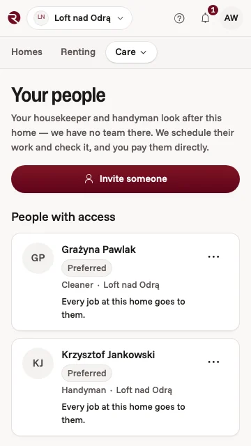 The owner app's Your people screen: a cleaner and a handyman with access to a Wrocław flat, each offered every job there first