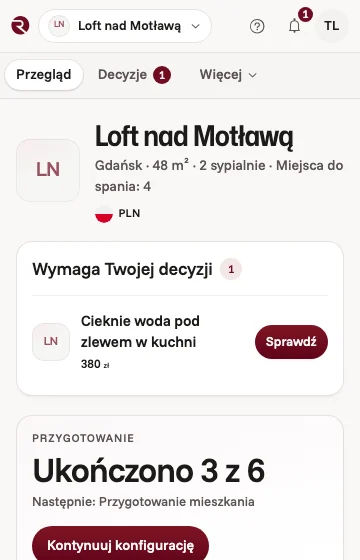 Mieszkanie w Krakowie w aplikacji właściciela: trzy z sześciu kroków przygotowania gotowe, następne jest przygotowanie mieszkania, a jedna naprawa czeka na decyzję