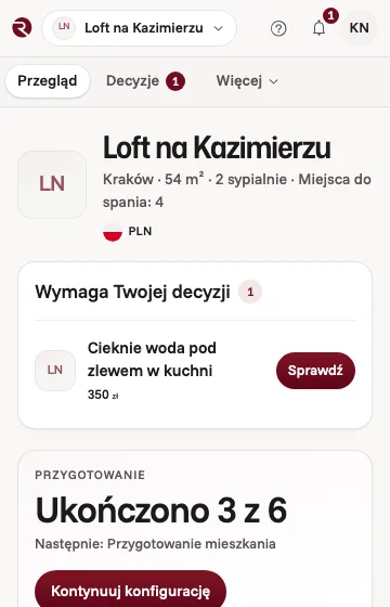 Mieszkanie w Krakowie w aplikacji właściciela: trzy z sześciu kroków przygotowania gotowe, następne jest przygotowanie mieszkania, a jedna naprawa czeka na decyzję