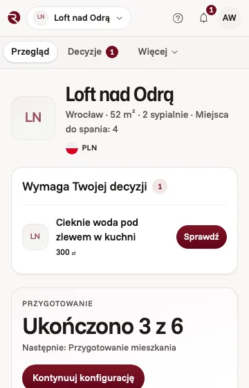 Mieszkanie w Krakowie w aplikacji właściciela: trzy z sześciu kroków przygotowania gotowe, następne jest przygotowanie mieszkania, a jedna naprawa czeka na decyzję