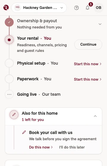 El seguimiento de la puesta en marcha en la app para propietarios: el alquiler, la puesta a punto de la vivienda y los documentos son tarea del propietario, y la publicación es cosa nuestra