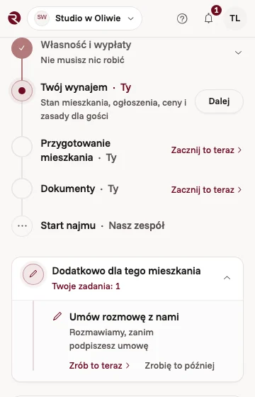 Lista przygotowania w aplikacji właściciela: wynajem, przygotowanie mieszkania i dokumenty należą do właściciela, a start najmu do nas