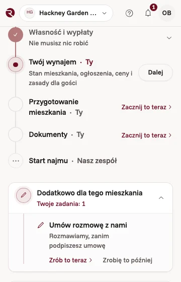 Lista przygotowania w aplikacji właściciela: wynajem, przygotowanie mieszkania i dokumenty należą do właściciela, a start najmu do nas
