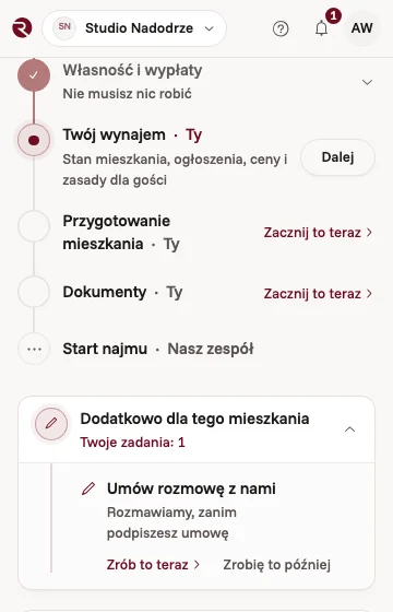 Lista przygotowania w aplikacji właściciela: wynajem, przygotowanie mieszkania i dokumenty należą do właściciela, a start najmu do nas