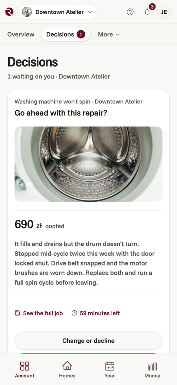 Phone screen: Go ahead with this repair? A photo of the washing machine drum, 690 zł quoted, 59 minutes left