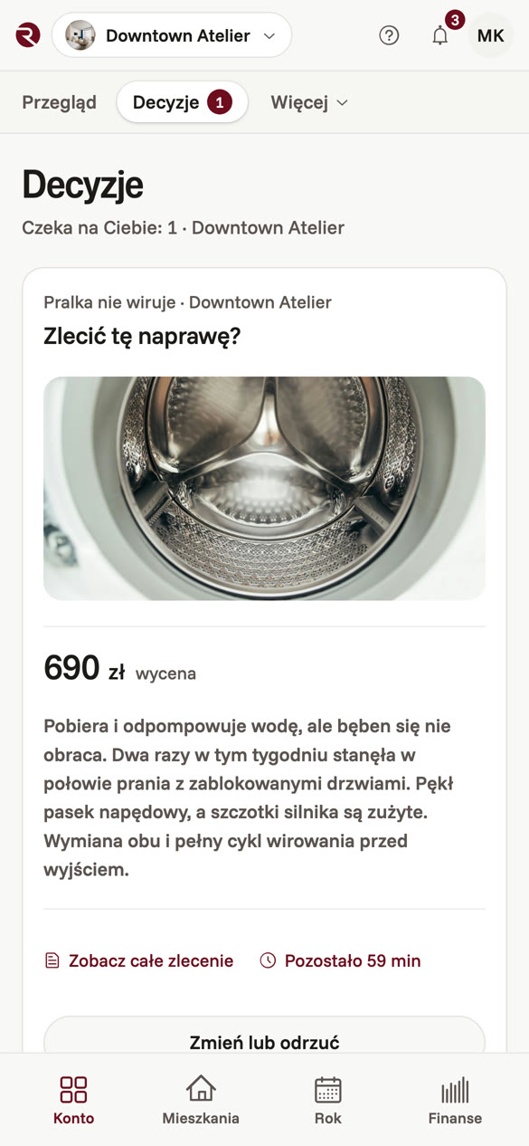 Ekran telefonu: Zlecić tę naprawę? Zdjęcie bębna pralki, wycena 690 zł, pozostało 59 minut