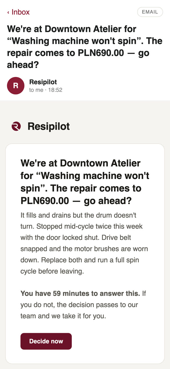 Email: We're at Downtown Atelier for “Washing machine won't spin”. The repair comes to 690 zł, go ahead?