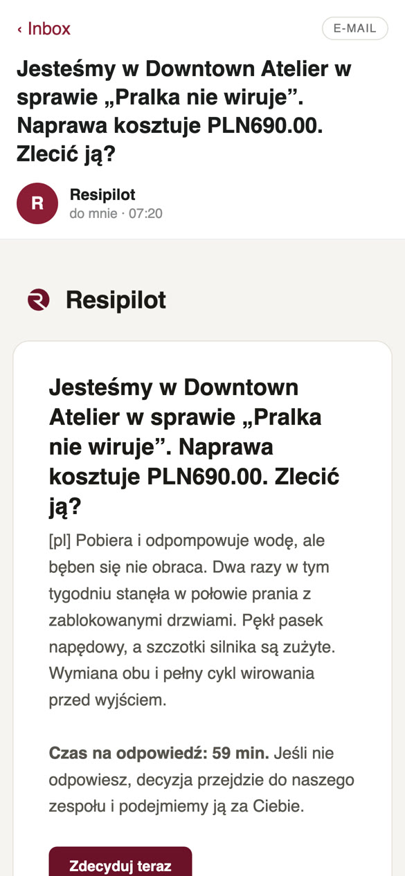 Mail: Jesteśmy w Downtown Atelier w sprawie „Pralka nie wiruje”. Naprawa kosztuje 690 zł, zlecić?