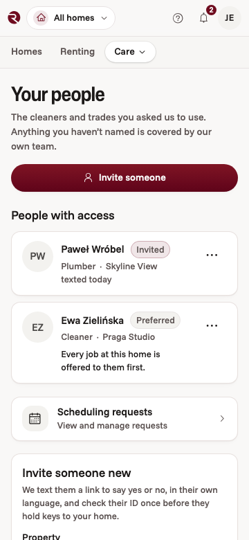 Owner app screen listing the owner’s plumber (invited) and cleaner (preferred), with a form to invite someone new